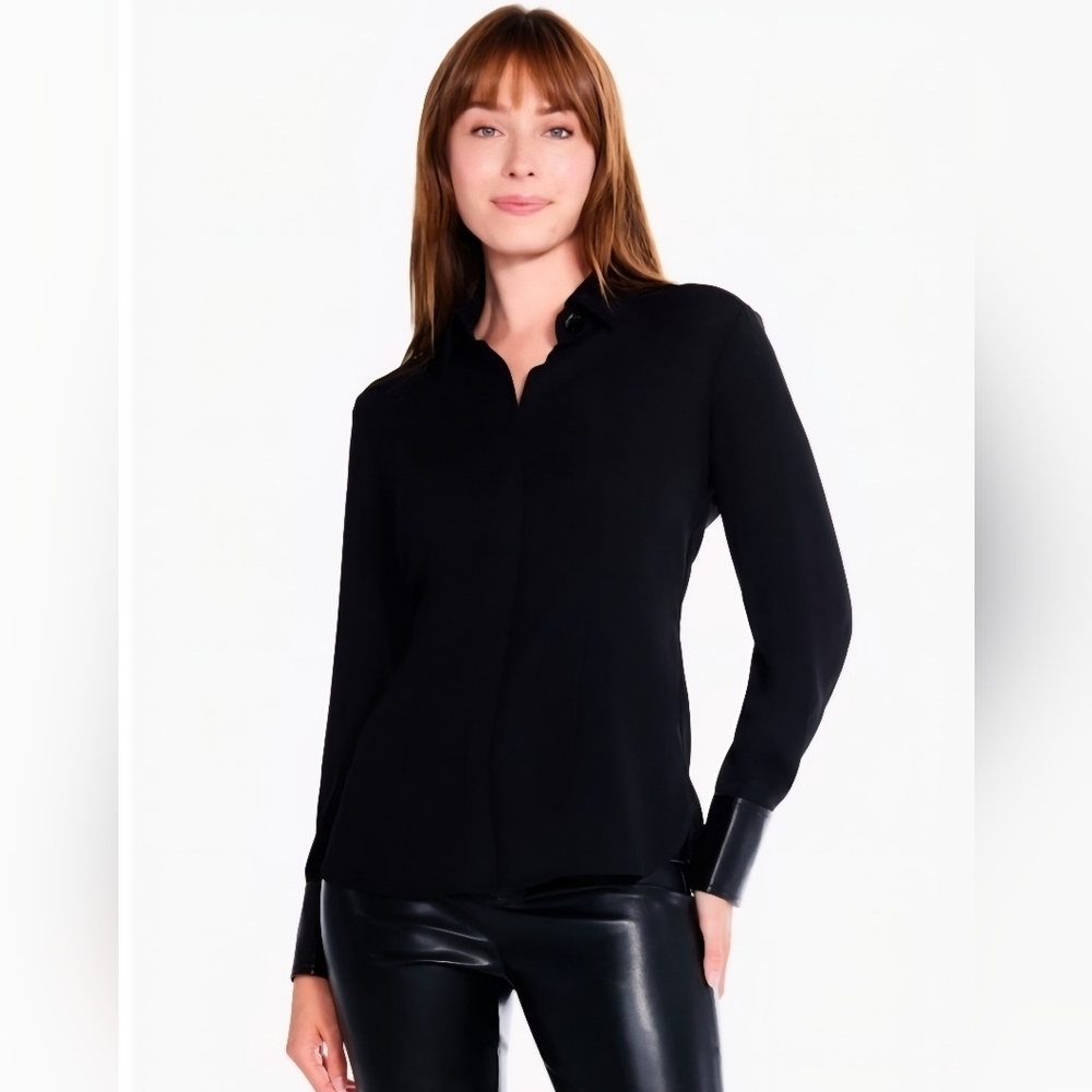 Nic + Zoe Black Satin Faux Leather Cuff Long Sleeve Button Up Blouse XL